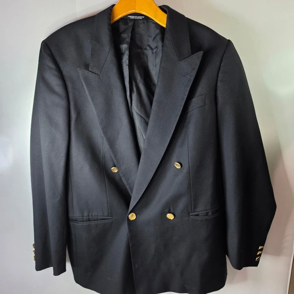 Vtg Baumler Double Breasted Blazer 42R Vitale Barberis Canonico Wool Black Coat